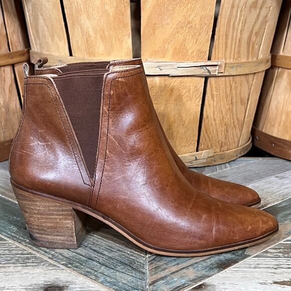 Lucky Brand Lorry Tan Brown Leather Stacked Block Heel Zip Ankle Boots Women 8.5 - Picture 1 of 11